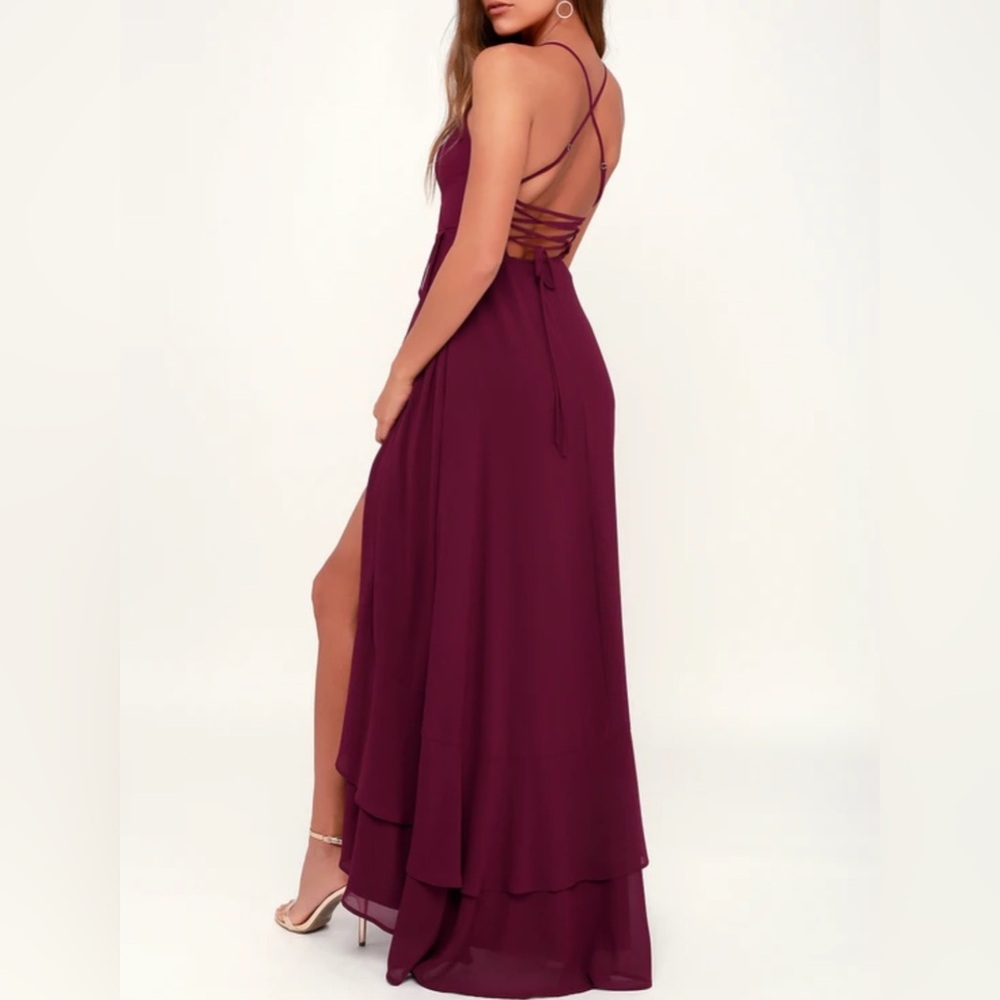 Lulus - NWT women's In Love Forever plum‎ lace up high low Maxi Shiffon Dress XS